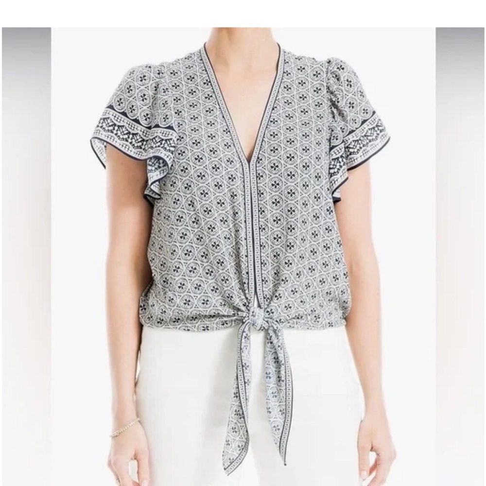 Max Studio White and Blue Flutter Sleeve Blouse with Ruffled Tie Front